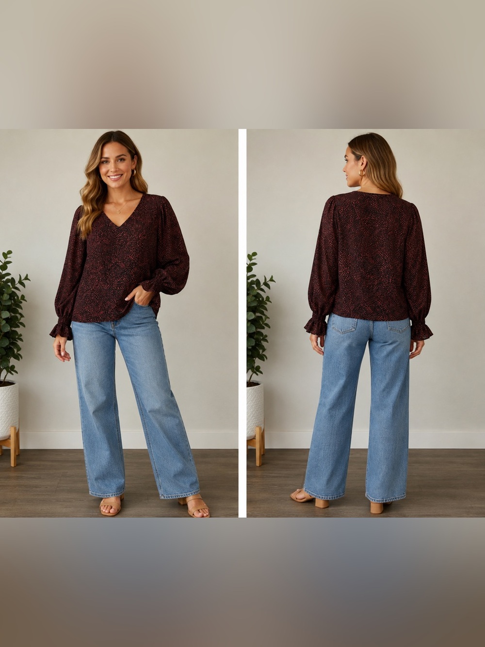 Vince Camuto Burgundy Printed V-Neck Balloon Sleeve Blouse XS